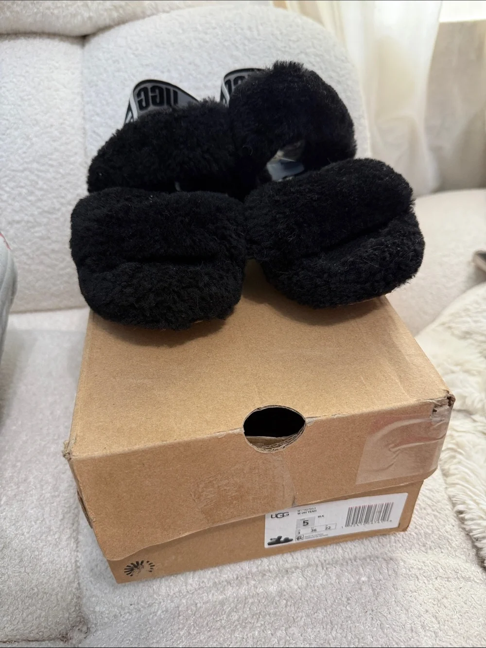 UGG Kids Black Fluff Slide Sandals with Logo Strap